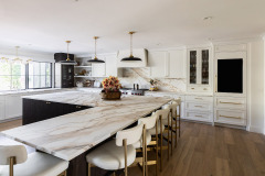 whole kit shot. XL island. mid-cent remodel old house. black sq is wine fridge